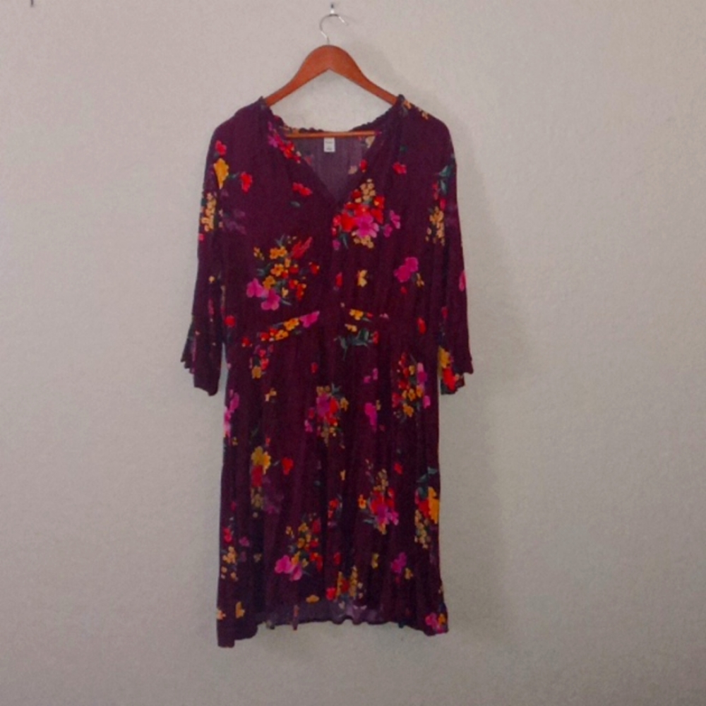 Old Navy multi color floral dress with empire waist button topand ruffle accents